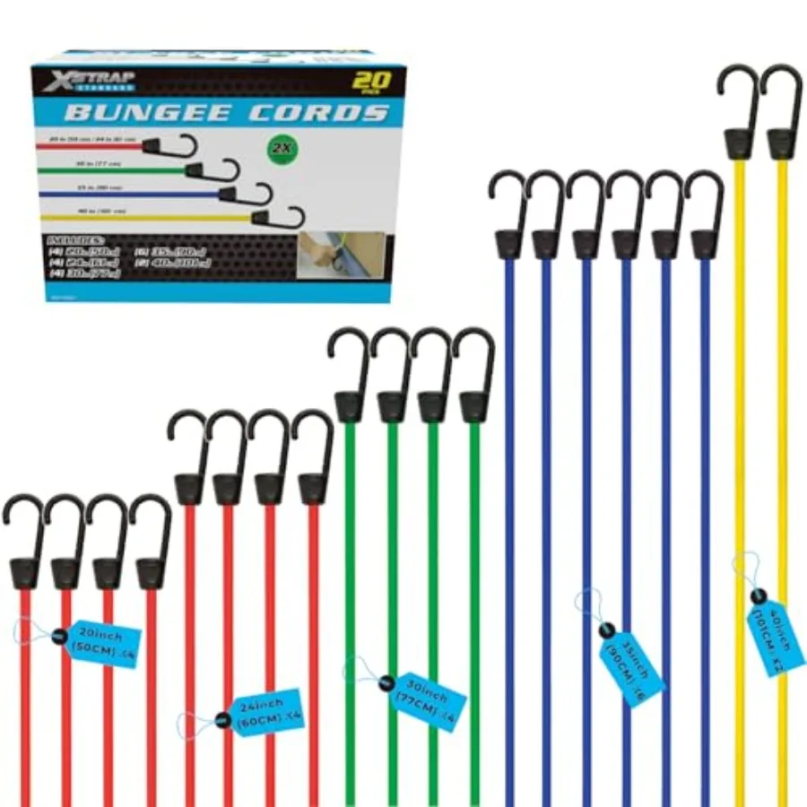 

Набор из 20 премиальных эластичных шнуров (банджи-кордов) - включает шнуры длиной 20, 24, 30, 35, 40 дюймов с крючками
