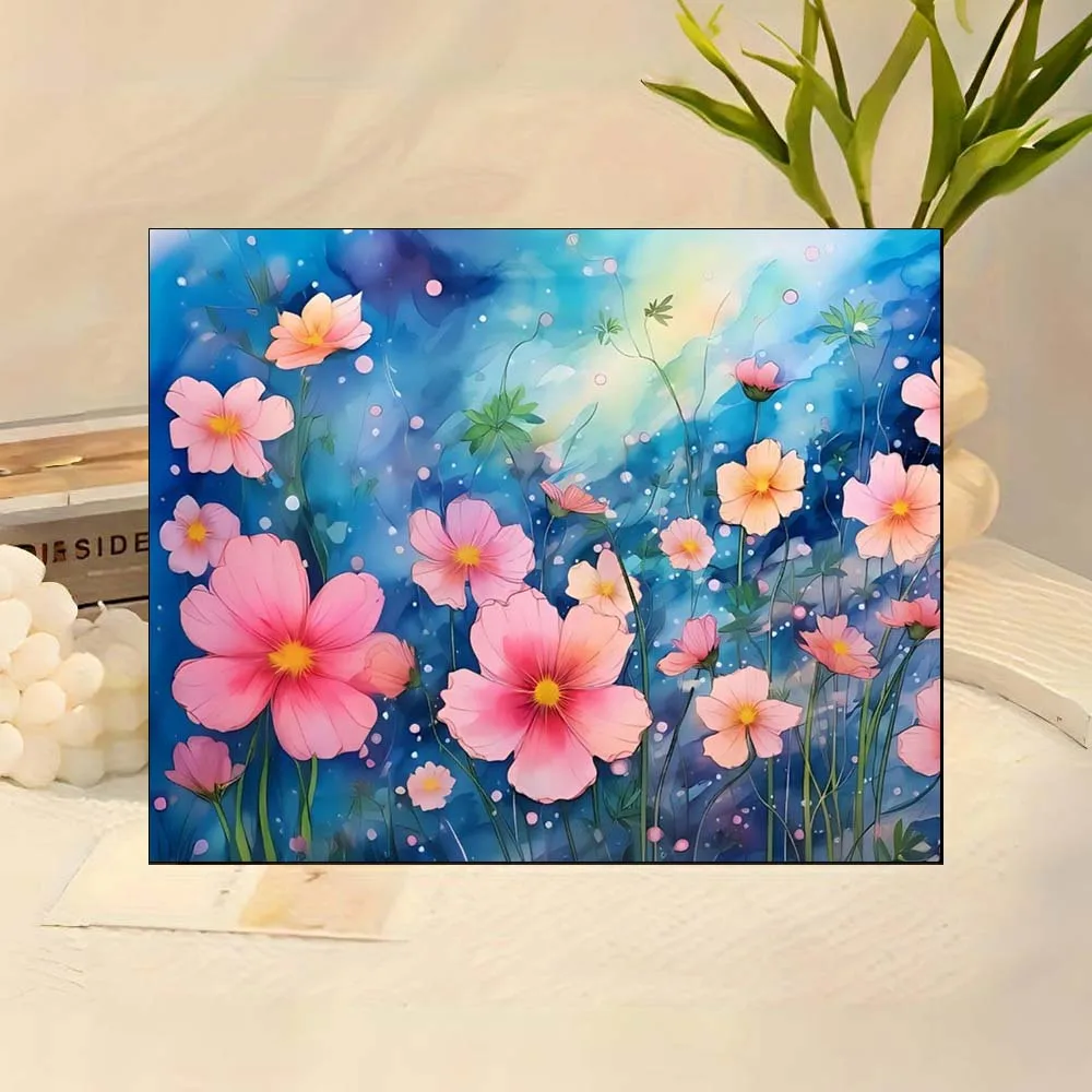 ألوان مائية وردية كوزموس زهور بتلات ناعمة مركز صفراء لتقوم بها بنفسك طقم طلاء زيتي رقمي للبالغين بدون إطار