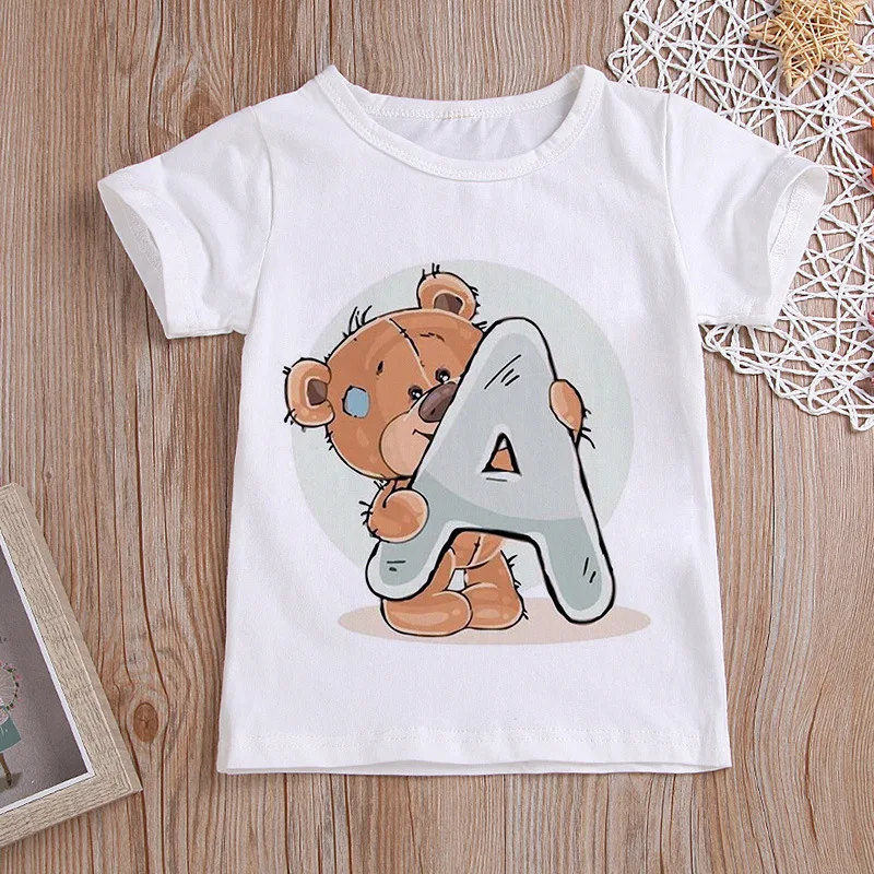 Camisetas de manga corta con estampado de letras en inglés y osos para niños y niñas, ropa de moda para niños y niñas