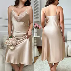 Long Nightgown Oversize 3Xl 4Xl 5Xl Sleepwear Lady Satin Home Dressing Gown Spaghetti Strap Loose Lingerie Lace Trim Nightwear