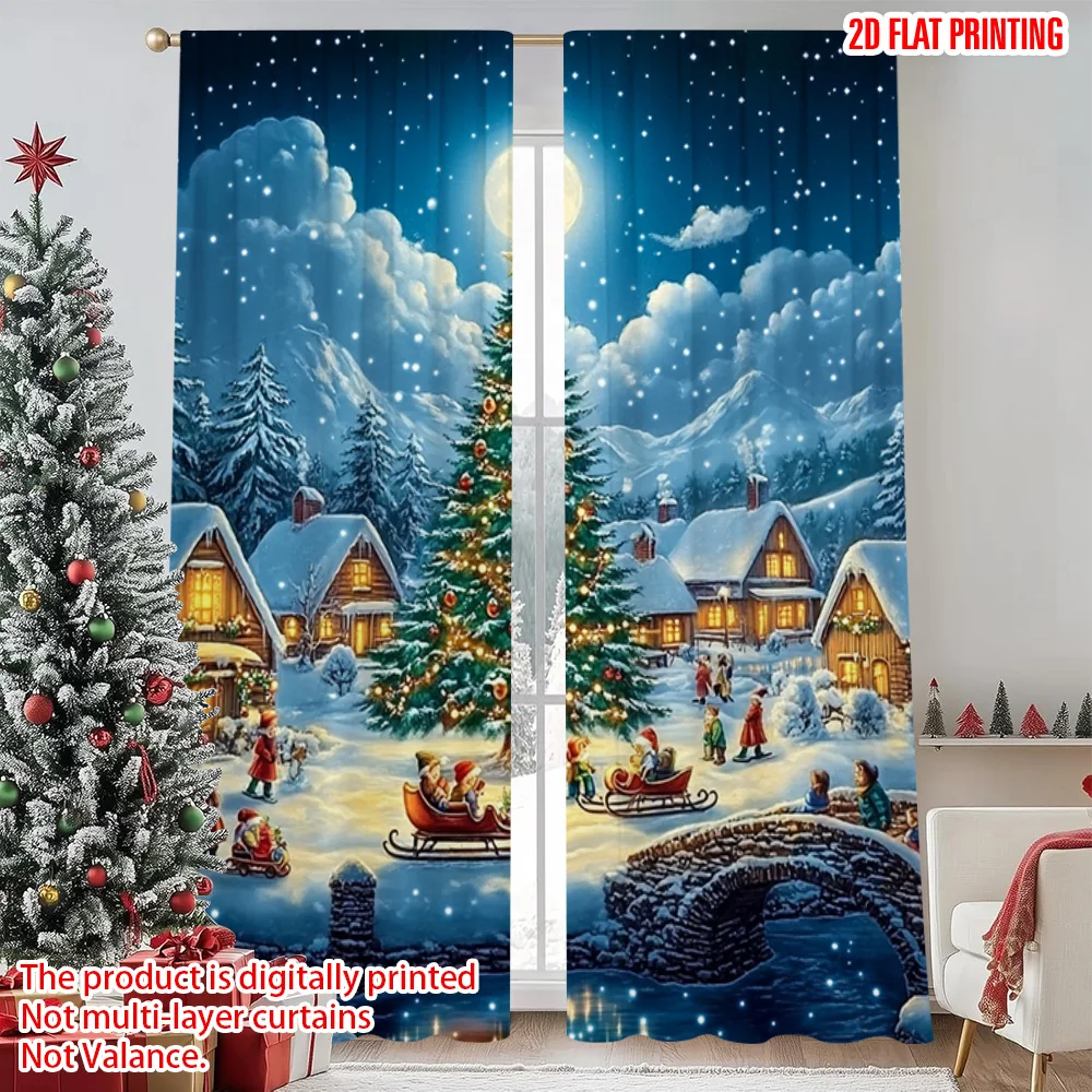 

2pcs 2D flat printing Merry Christmas Popular Curtains Snow Christmas scene with lights and cabins Fabric Without Electricity