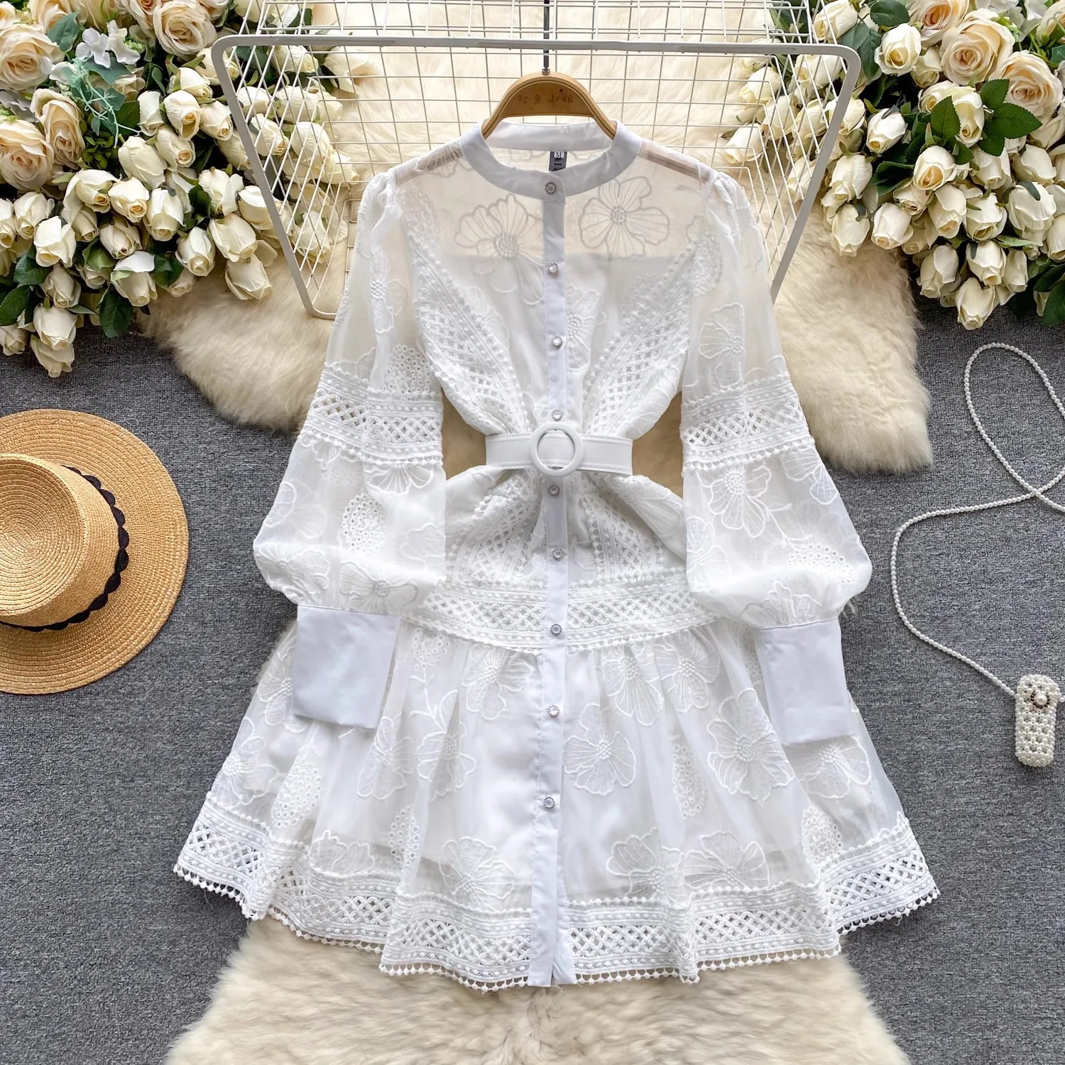 

Elegant Flower Embroidery Mesh Patchwork Mini Dress Women's Stand Long Lantern Sleeve Lace Trims Runway Vestidos Female Clothing