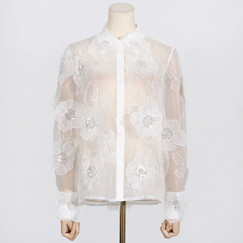 Fashionable Lapel Embroidery Three-Dimensional Flower Shirt Sequin Splicing Design Shirt White Perspective Elegant Women's Top