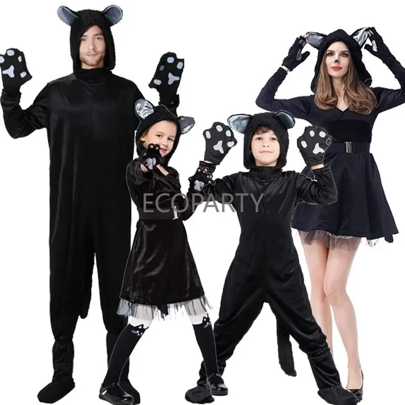 3Black Cat Cosplay Children Costume Kitten Animal Gloves Hat Suit Suitable for Stage Show Halloween Costumes Family Performance