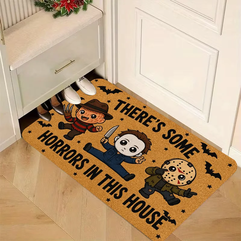 There's Some Horrors in This House Doormat Cartoon Horror Characters Bat Print Indoor Entry Welcome Halloween Decor Rug