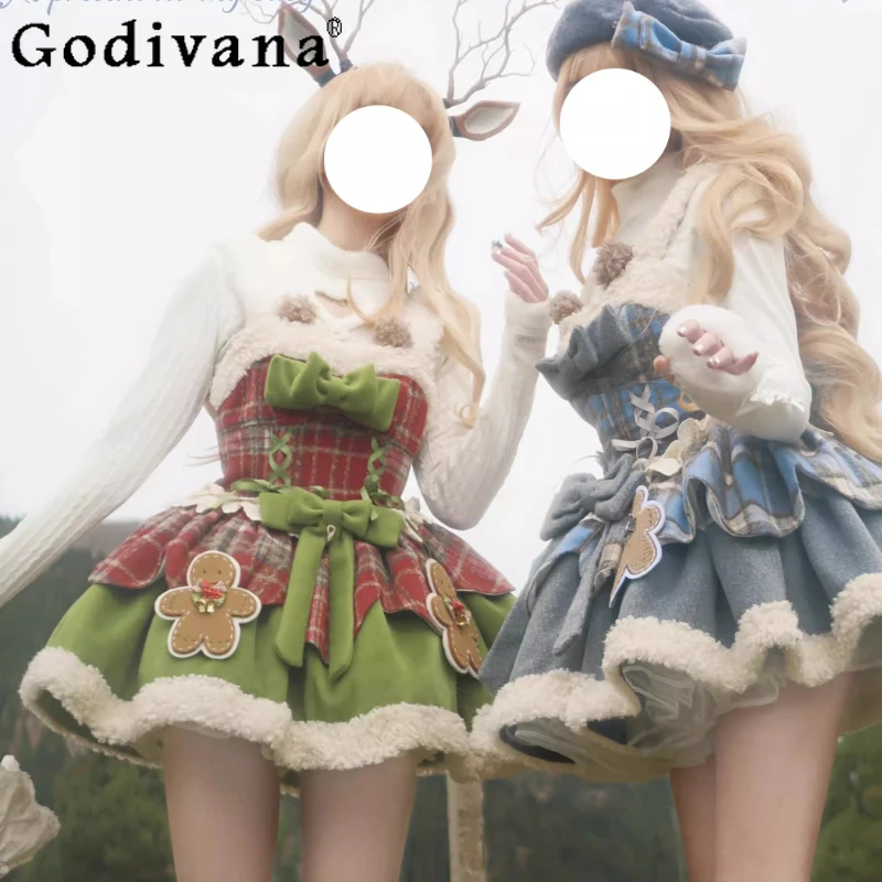 

Christmas Lolita Outfit for Women Autumn Winter Woolen Warm Jsk Strap Dress Set Female Halloween Short Cosplay Dress and Cape