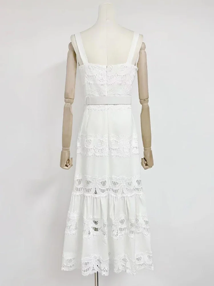 Sexy Square Neck Aushöhlen Aushöhlen Langes Kleid Frauen Weiß Ärmellose Cut Out Spitze A-linie Kleider Abend Party Kleider