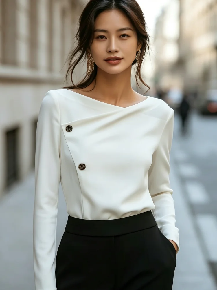 Elegant Women's White Long Sleeved Shirt with Asymmetrical Neckline and Pleated Front Metal Buttons Slim Fit for Daily Commuting