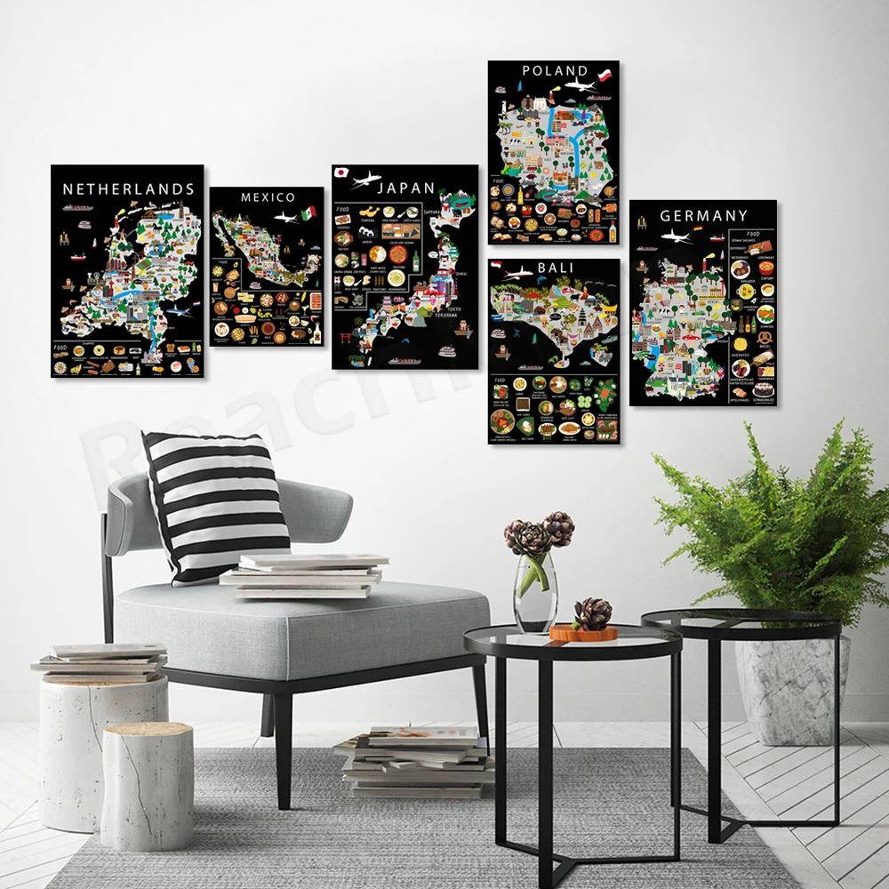 Mexico, Germany, The Hague, Japan, Curacao, Hawaii, Netherlands, Thailand, Dubai, Ireland, food print, fun travel map poster