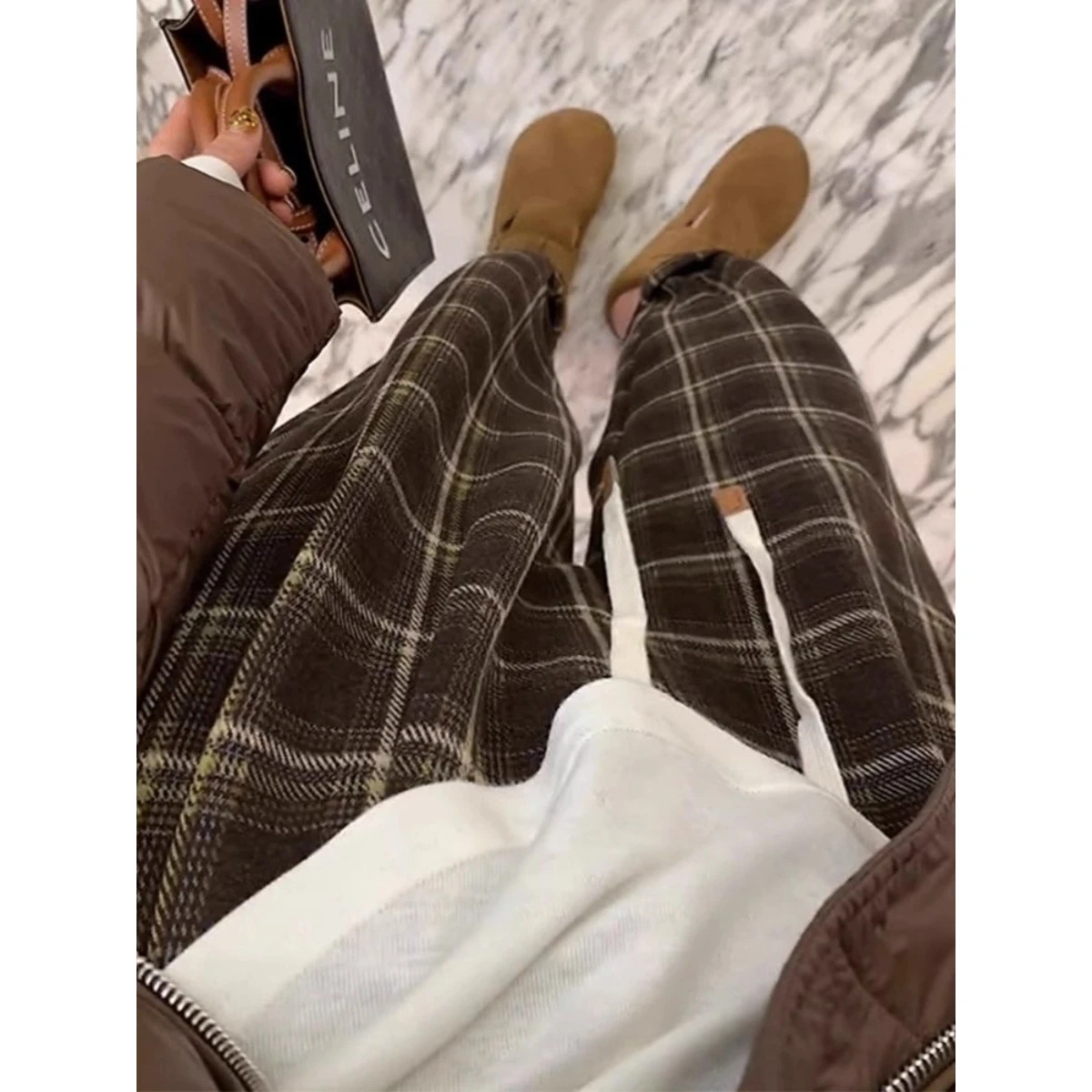 Pantalon décontracté à carreaux pour hommes, grande taille, Thiened Fce Dstring, jambes larges, automne hiver, jambe droite, pantalon Long chaud