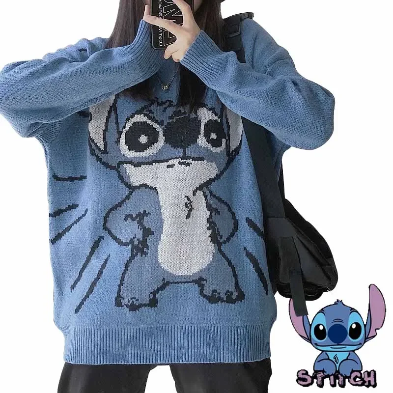 Disney Stitch Women\'s Sweater Autumn Winter Knitted Pullovers O-neck Slim Fit Bottoming Shirt Warm Cartoon Couple Jumper Tops