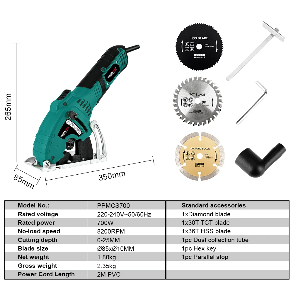 700W Mini Electric Circular Saw 8200RPM 85mm With  Parallel Guide Handheld 3pcs Blades Handheld Electric Saw for Cutting