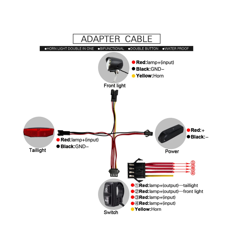 E-bike Headlight Taillight Switch Waterproof Cable Set 12-72V Electric Bicycle Front/Rear Light Headlamp Tail LED Brake Lamps