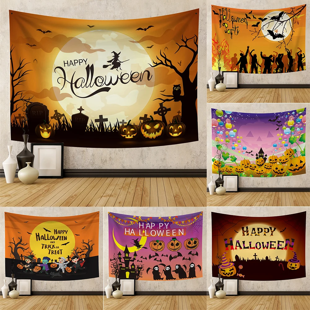 Halloween Decoration Tapestry Pumpkin Lamp Magic Castle Witch Room Decor Wall Hanging Mural Trick Or Treat Party Background