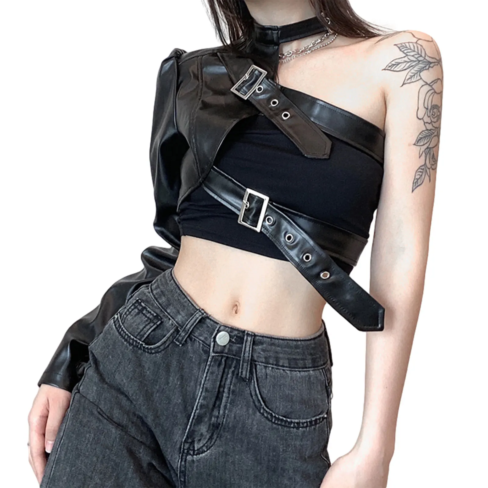 2000s Women\'s Clothing Gothic Punk Style Crop Tops, Cool Single Long Sleeve Neck Hanger Leather Belt Connected Tops