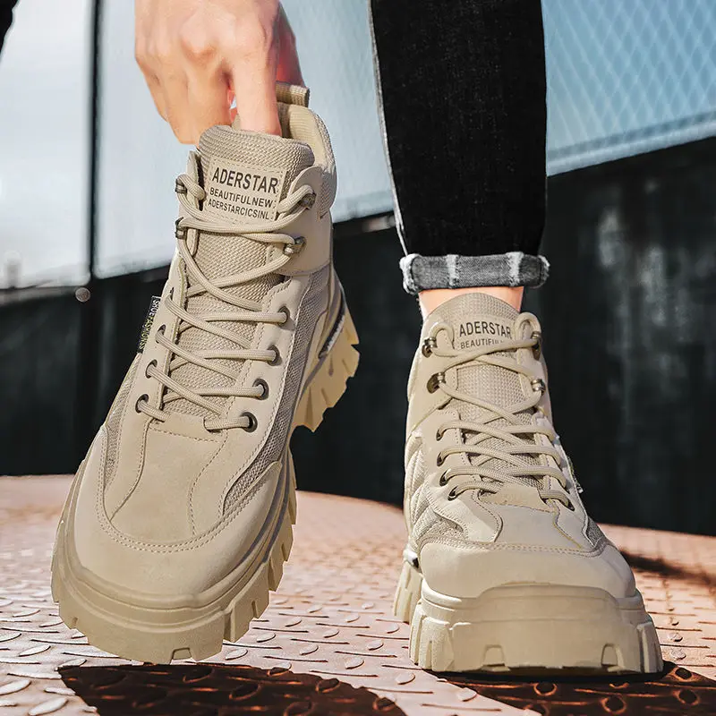 

Универсальные высокие кеды, весенне-осенние уличные походные рабочие ботинки на шнуровке, прочная износостойкая мужская повседневная модная обувь на толстой подошве