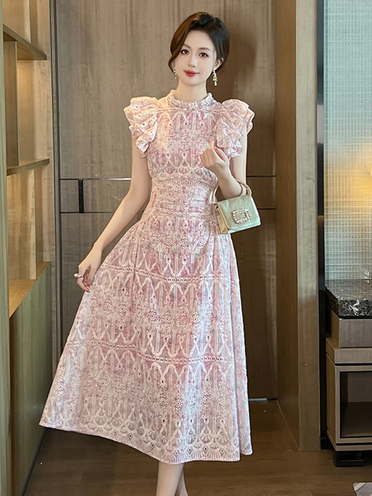 Sweet Sweet Ceremonial Dress Women's Beatiful Pink Hook Flower Hollow Diamond Ruffles Pleated Robe Party Catwalk Date Vestidos