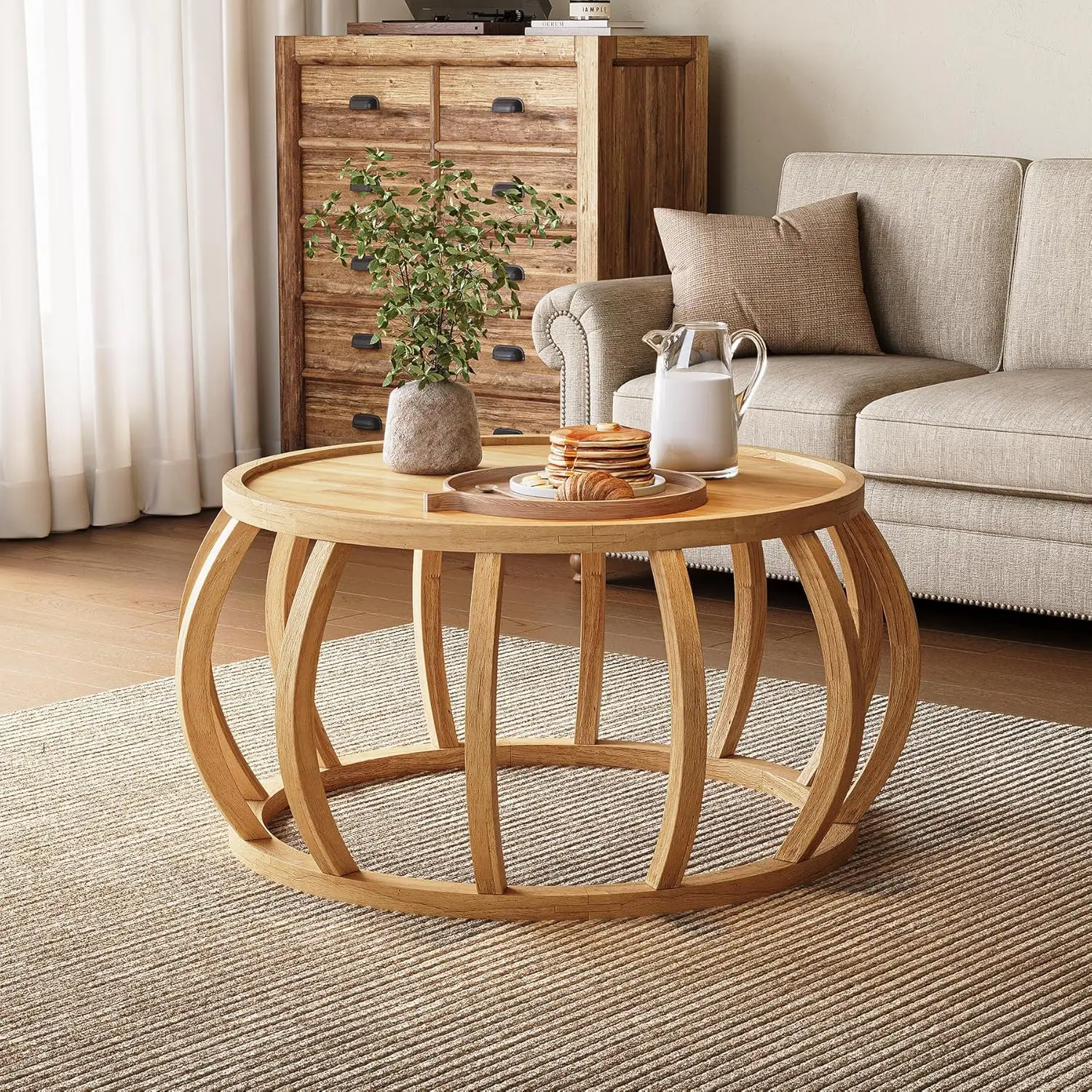 

31.5-Inch Natural Solid Wood Coffee Table - Round Center Table with Curved Frame Base, Easy Assembly for Living Room