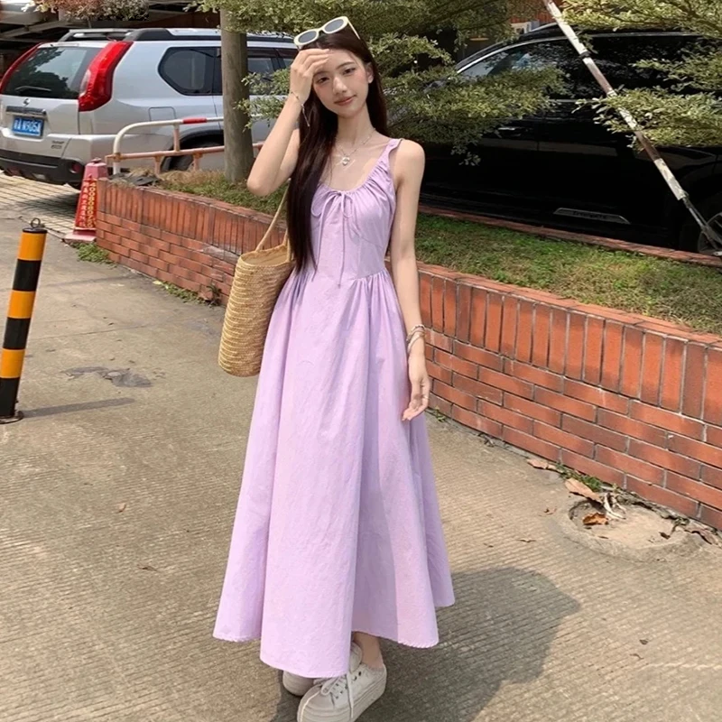 Women Fairy Dresses Lady Vacation Solid Female Basic Ruched Summer Long Dress