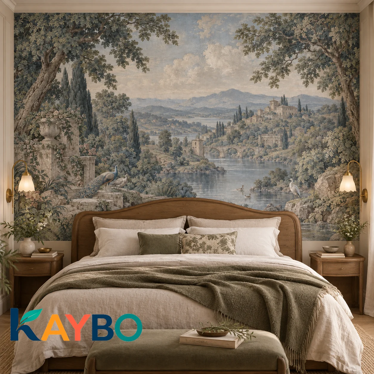 Vintage Italian Landscape Wall Mural Peacock Lake Village Wallpaper Non Self Adhesive Living Room Bedroom Nature Home Wall Decor