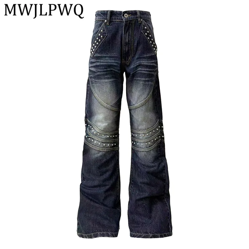 

MWJLPWQ Skinny Fit Ice Blue Deconstructed Jeans Male Three-Dimensional Embroidered Rivet Streetwear Flared Washed Trousers 14829