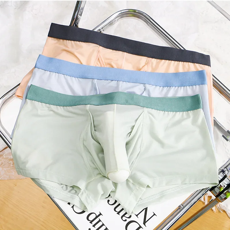 Ice Silk Panties Men Open Penis Sleeve Boxer Trunks Sexy Man Scrotal Separation Underwear See Through Knickers Soft Boxer Briefs