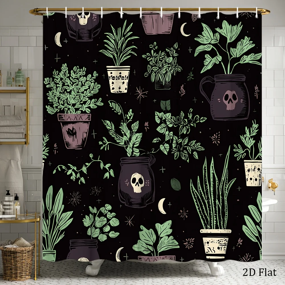 Gothic Black & Green Botanical Skull Shower Curtain - Large 70.8x70.8 Inch -Free Bathroom Window Cover, Easy-Clean with 12 Hooks