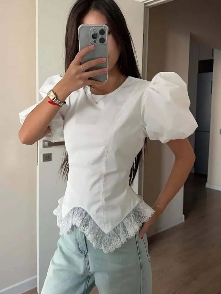 

Fantoye Patchwork Lace Short Puff Sleeve Bandage Women Tops White Round Neck Short Tops Femme Summer Slim Casual Streetwear 2026
