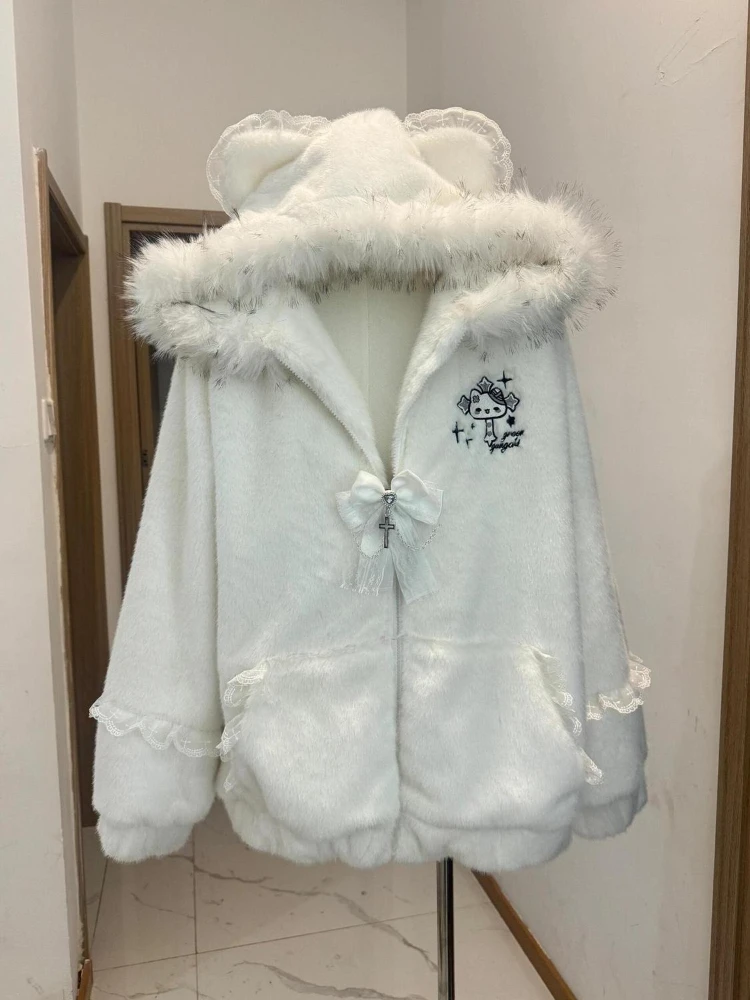

Design Kawaii Warm White Zipper Overcoat Women Fashion Sweet Casual Lovely Loose Plush Coat Winter Pretty Bow Hooded Outfits
