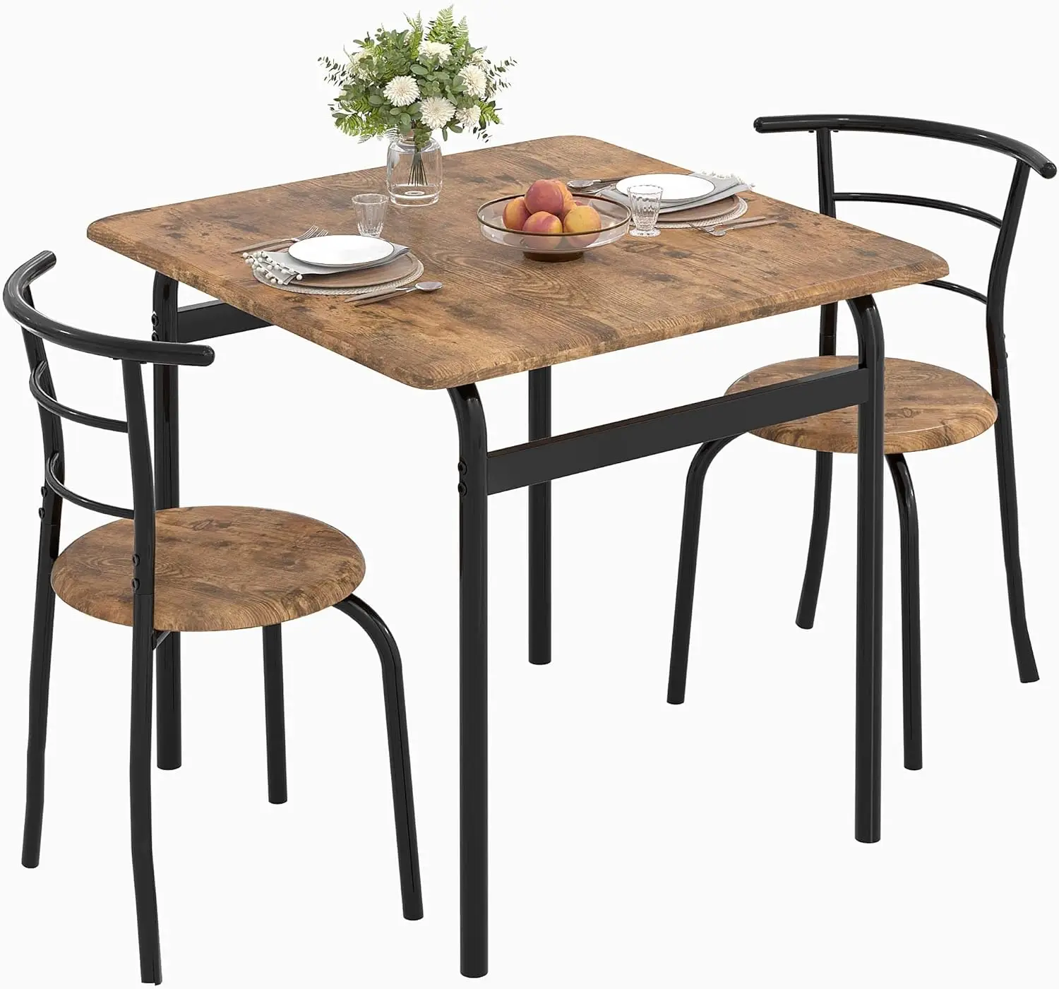 Vecelo 3 Piece Dining Table & Chairs Set For 2, Metal And Wooden Square Kitchen Dinette Set For Small Space, Breakfast Nook,