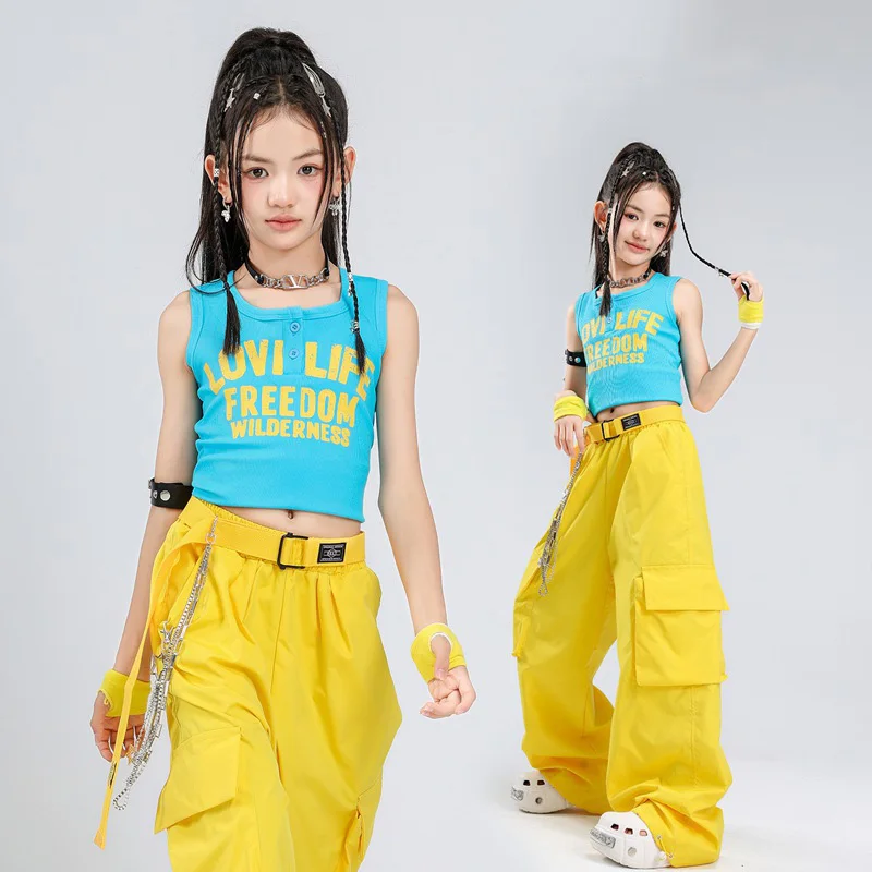 Jazz Dance Costume Blue Top with letter Print Yellow Wide Leg Cargo Pants Group Hip Hop Show Stage Wear Performance Streetwear