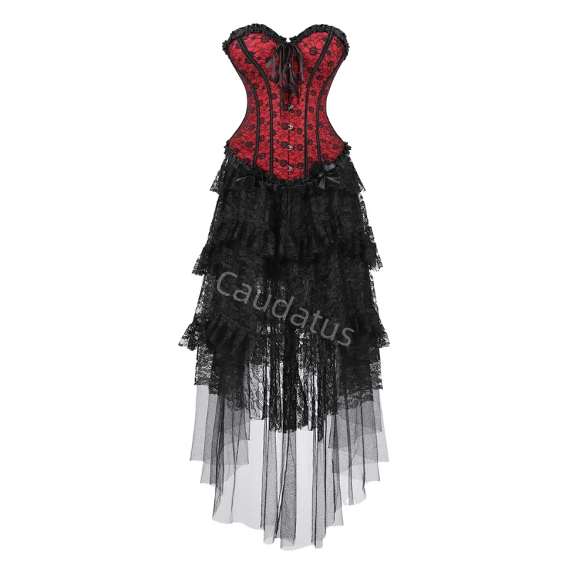 

Корсетное платье с длинной юбкой, комплект с кружевным бюстье, костюм для вечеринки, сексуальный средневековый наряд для женщин, большие размеры, готический стиль, Хэллоуин, розовый, красный, синий