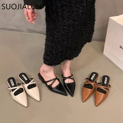 SUOJIALUN 2024 Summer New Women Flat Shoes Fashion Pointed Toe Slip On Mules Shoes Soft Flat Heel Outdoor Vaction Ladies Sandals