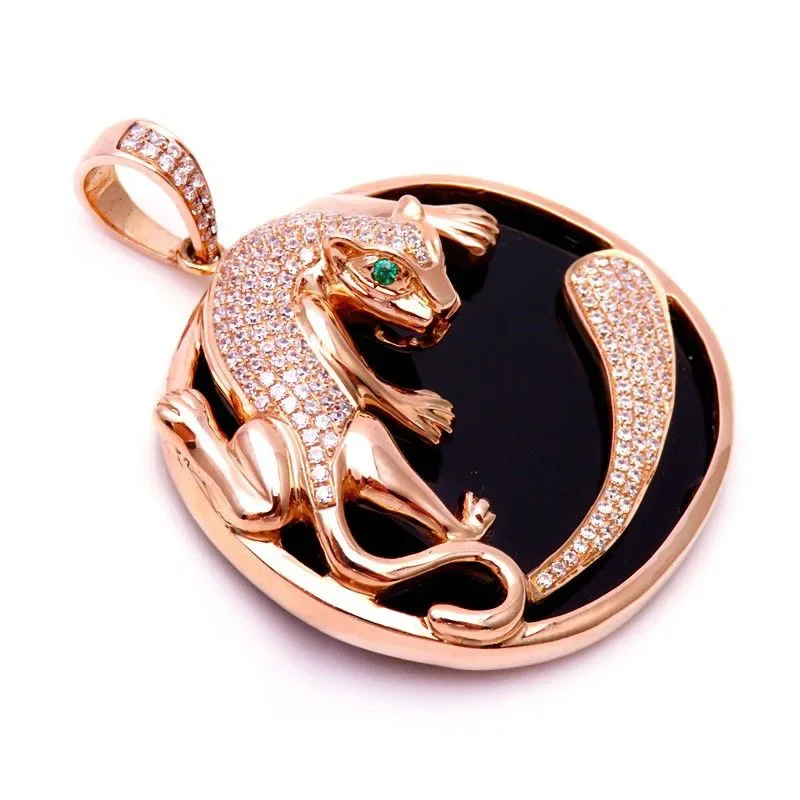 Luxurious inlaid diamonds leopard necklace for couples round black agate pendant plated 14K rose gold banquet jewelry gift