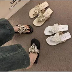 Flat Slippers Women's Summer Pearl Versatile Soft Sole Ethnic Clip-toe Sandals with Low Heels Sandalias De Mujer Verano 2025