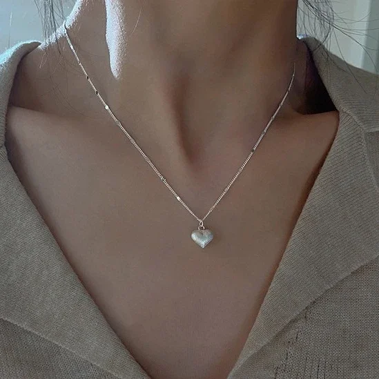 

Real 925 Sterling Silver Frosted Heart Pendant Chain Necklaces for Women Minimalist Cute Fine Jewelry Light Luxury Accessory