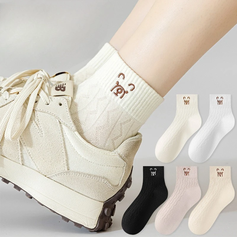 5 pares de meias de ursinho de pelúcia para mulheres primavera verão novo estilo respirável cor sólida dos desenhos animados bonito simples meias casuais