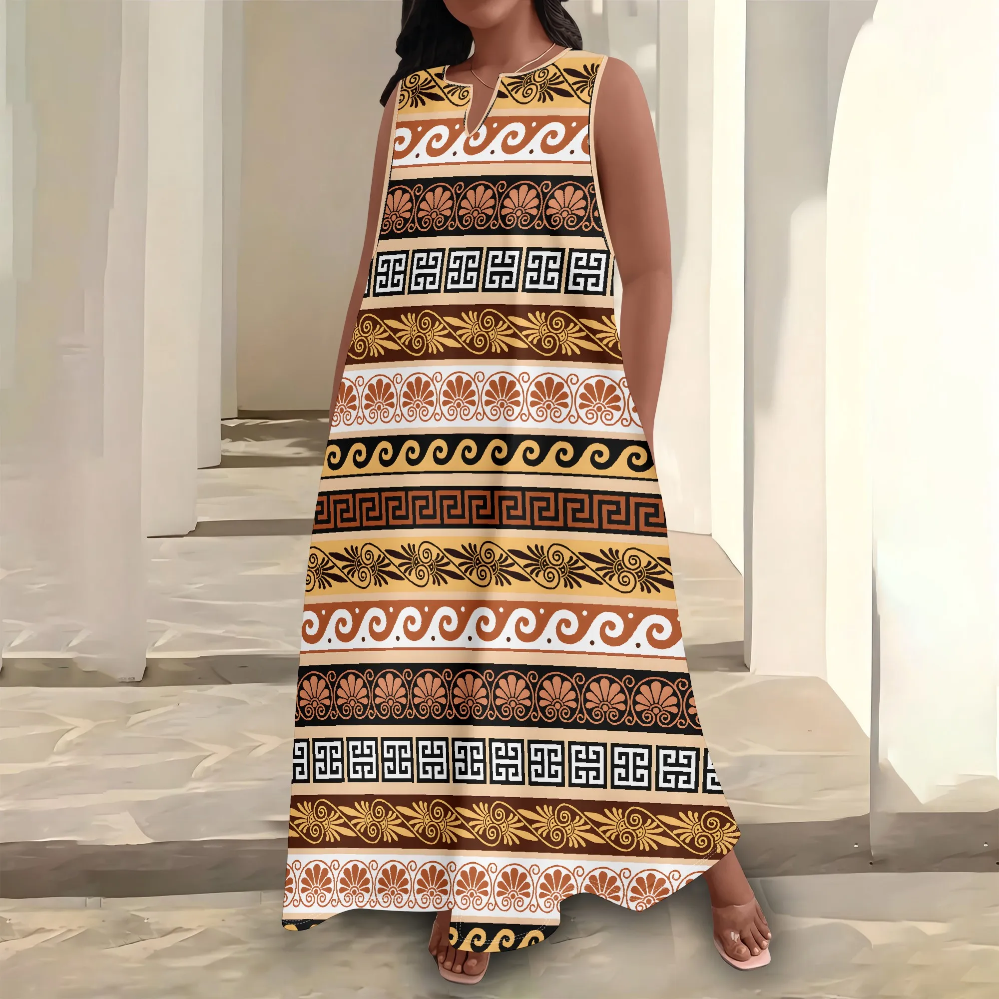

Plus Size Women's Summerl Fashion Printed African Style Sleeveless Round V Neck Dress Loose And Casual Dress