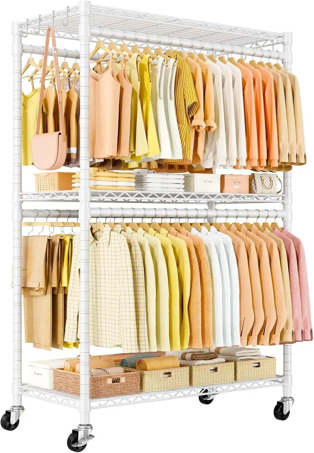 

Heavy Duty Rolling Clothes Rack 660Lbs, 3-Tier Portable Garment Rack with Wheels, Adjustable Hanging Rods, White