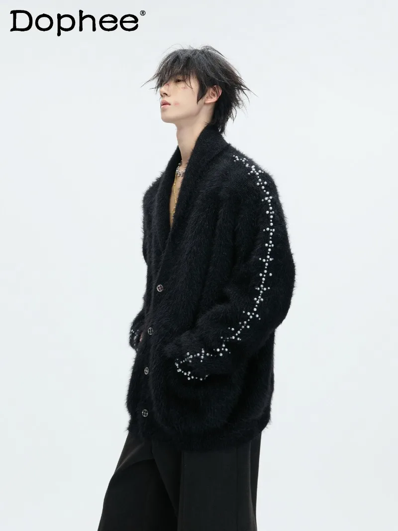 

Winter Thickened Warm Pearl Decorated Mink Knitted Sweater Warm Thickened Fashion Trendy Cardigan for Men