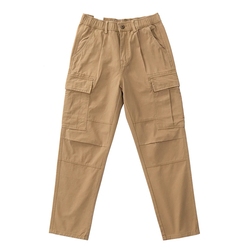 

Multi-pocket Overalls Men's American Retro Cotton Wash Elastic Waist Khaki Loose Straight Leg Men's Casual Pants