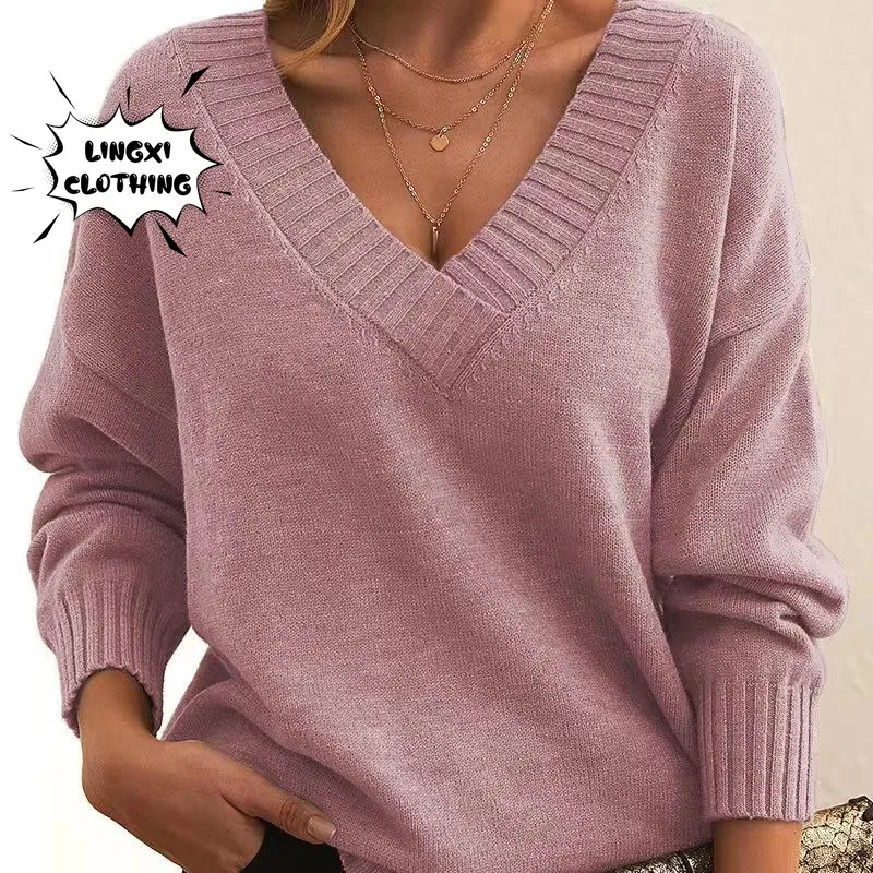 2023 Autumn and Winter New Women\'s Knitted Pullover Large Size Loose V-neck Elegant Fashion Warm Casual Warm Top Sweater Jumper