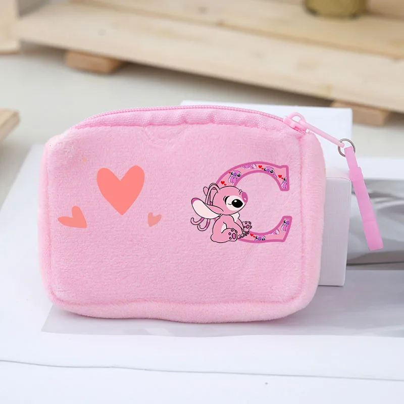 Cute Angel Lilo &Stitch A-z English Letters Cute Color Plush Coin Purse Women Angel Square Change Pouch Wallet Bag Key Holder