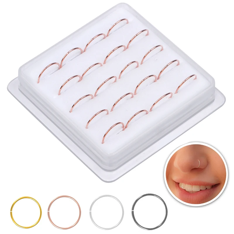 20Pcs Rose Gold Color Nose Rings for Women Men Nostril Septum Body Piercing Jewelry 10MM Thin Nose Hoop Ring Soft Adjustable