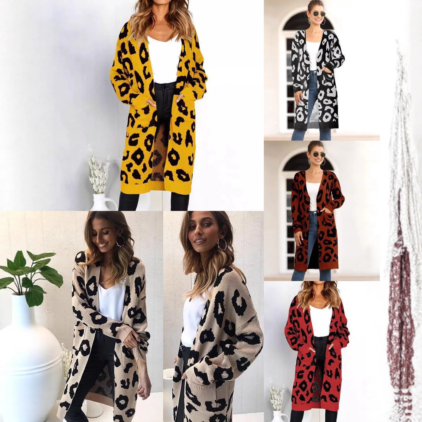 Leopard Print Sweater Loose Mid-length Women's Knitted Cardigan in Autumn and Winter 2025