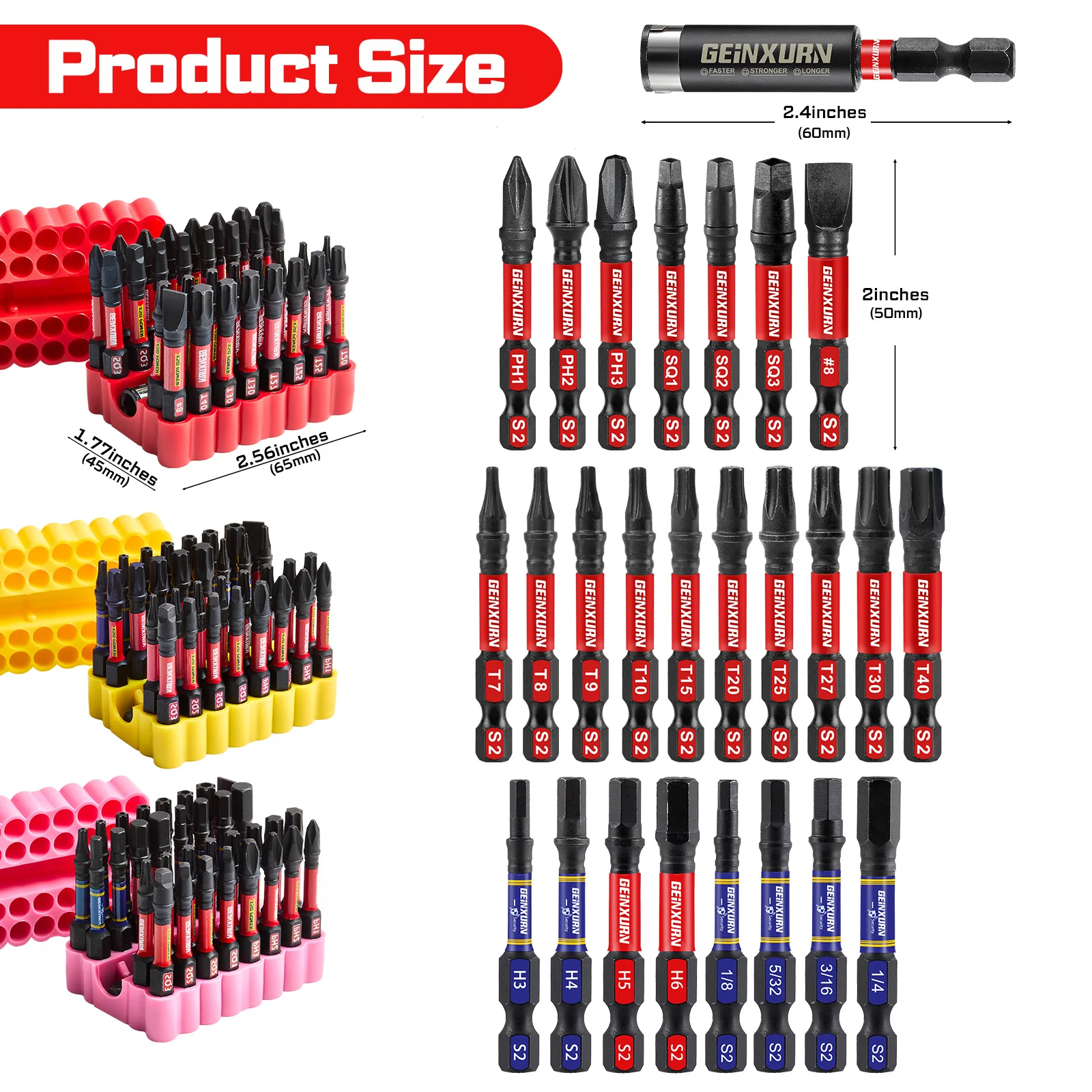 Geinxurn 33-teiliges Schlagschrauber-Bit-Set, 5,1 cm magnetisch (PH/SQ/Torx/Hex/Schlitz), S2-Stahl-Bits mit Bithalter und weicher Basis
