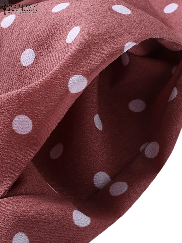 Retro V-Neck Button Front Short Sleeve Summer Robe Women Cotton Polka Dot Vintage Midi Dress