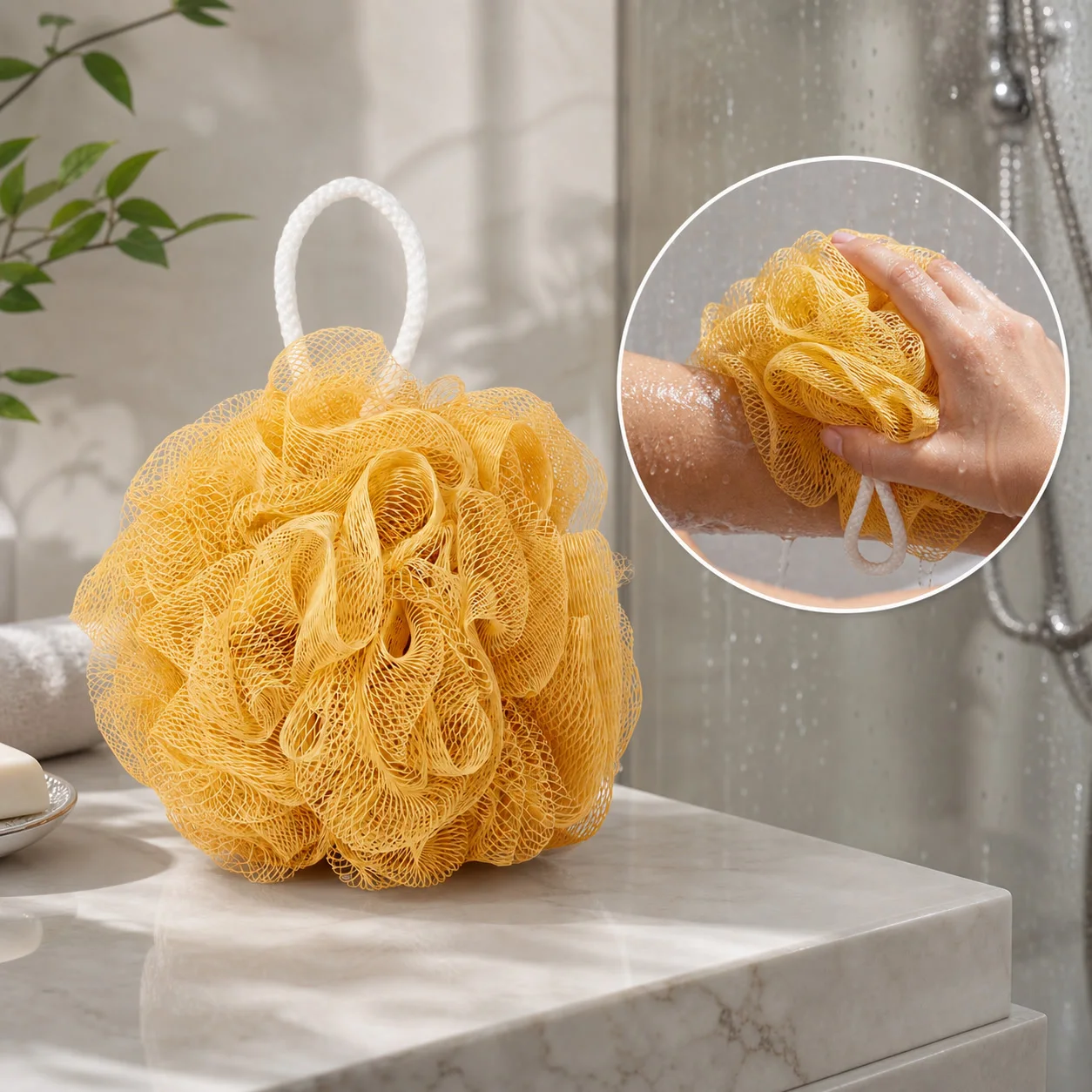 2pcs Cream Gold Bath Sponge, Soft Mesh Body Cleansing Pouf For Shower Exfoliating Scrub And Daily Spa Care