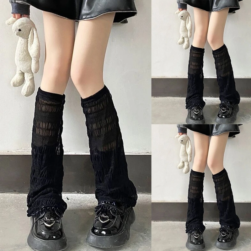 Women Japanese Summer Thin Leg Warmers Frill Trim Pleated Ruched Striped Wide Leg Flare Knee High Foot Cover Sock