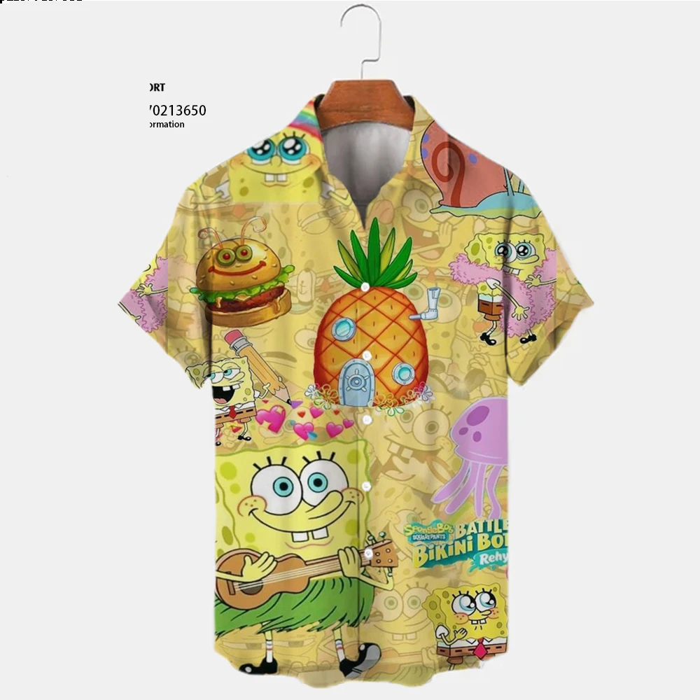 2024 New Harajuku Street Spongebob Cartoon Summer Fashion Casual Trend Versatile Men\'s Lapel Short Sleeve Shirt Top